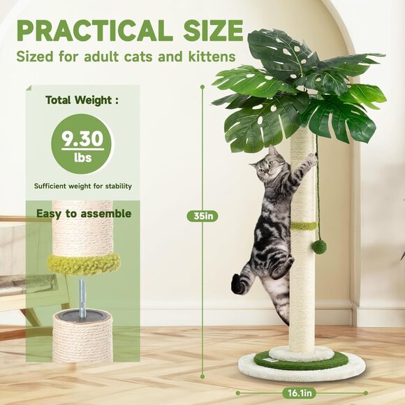 New 35in Monstera Cat Tree, Tall Sisal Post with Hanging Ball for Indoor Cats - Picture 5 of 6
